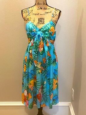 Dressfo Tropical Print Turquoise Vacation Floral Midi Dress 12 NWT